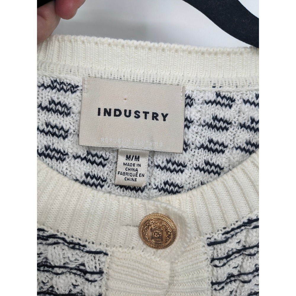Industry Cardigan Women Medium Cream Blue Textured Gold Button Old Money Sweater - Picture 4 of 8